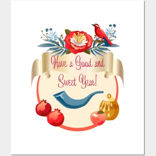 Happy Rosh Hashanah - Jewish New Year. Text Shana Tova! - Have a sweet year in Hebrew. Wishes text English Posters and Art